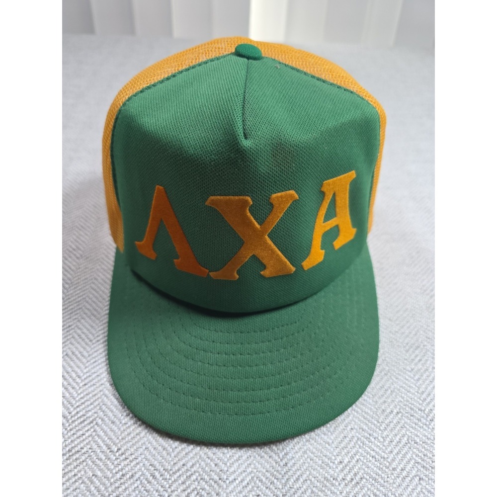 Vintage 80s Lambda Chi Alpha Trucker Hat US Cap Made In USA Frat Snapback Green